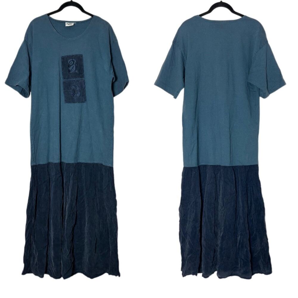 Vintage Johnny Was T-shirt Dres Crinkle Skirt patchwork blue Women's size small